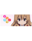 32x12 inches anime girl mouse pad with Taiga Aisaka, pink backdrop, candy circles, clean cute design.