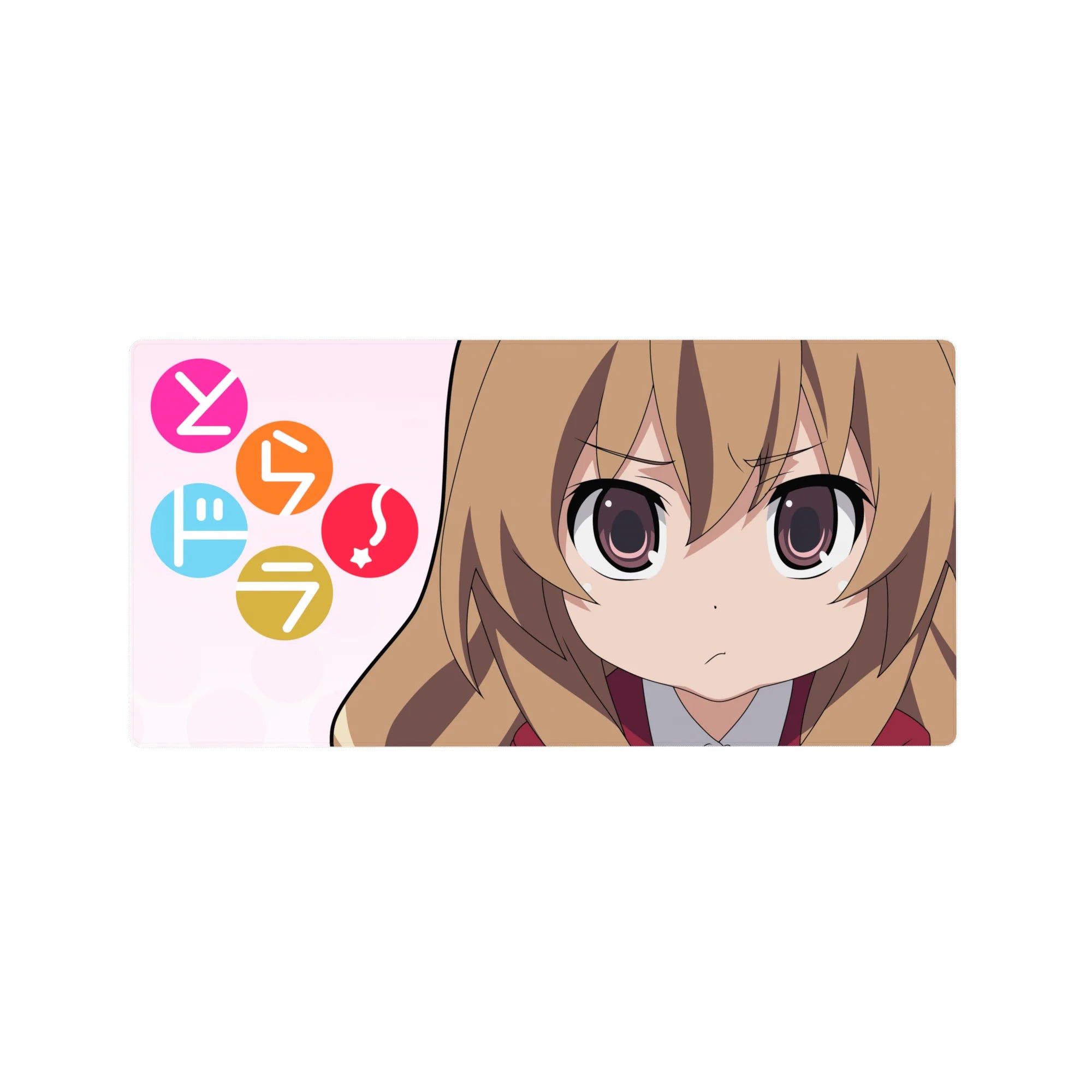 32x16 inches anime girl mouse pad with Taiga Aisaka on soft pink background and candy circle icons.