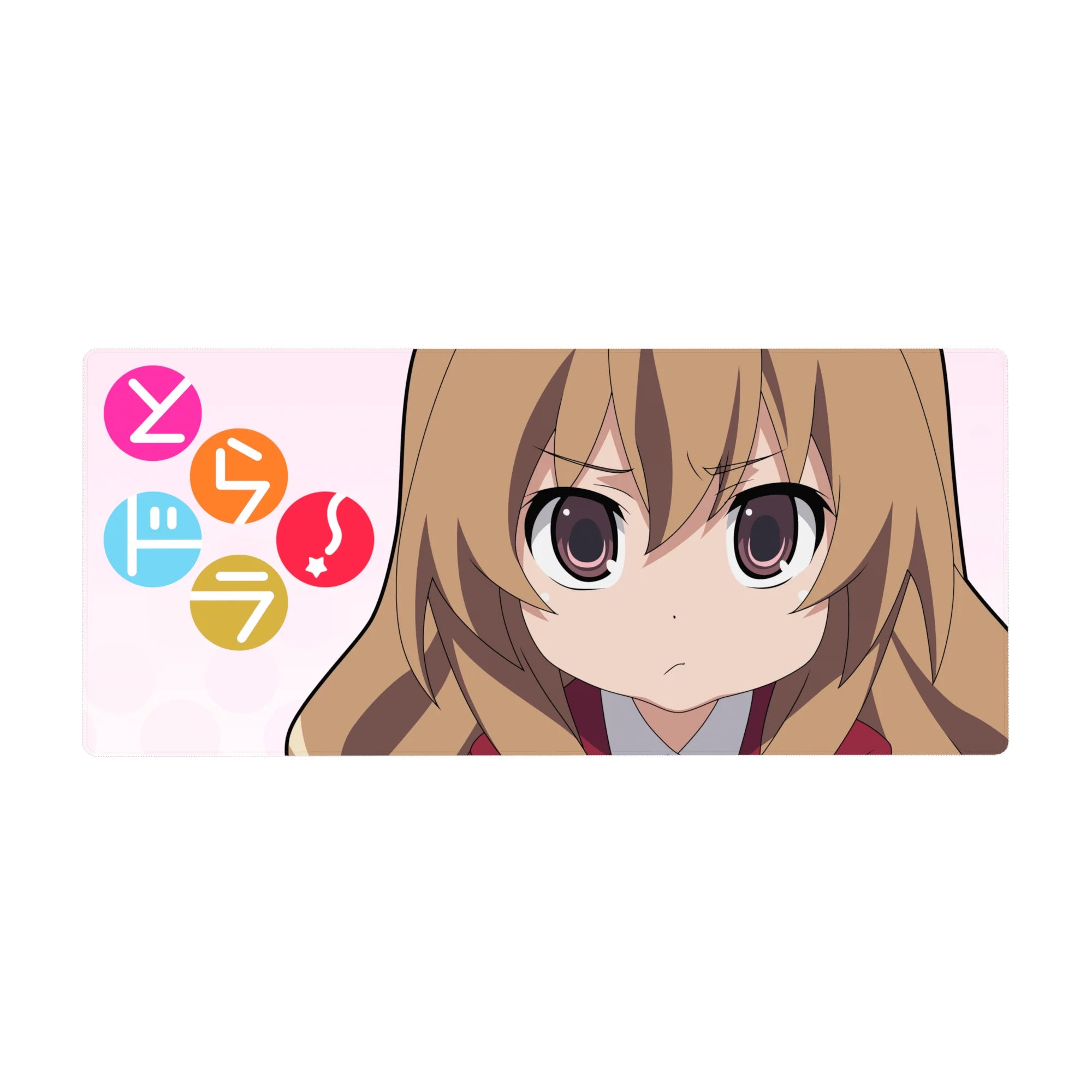 36x16 inches anime girl desk pad with Taiga Aisaka, soft pink backdrop and playful candy circle icons.