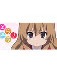 36x16 inches anime girl desk pad with Taiga Aisaka, soft pink backdrop and playful candy circle icons.