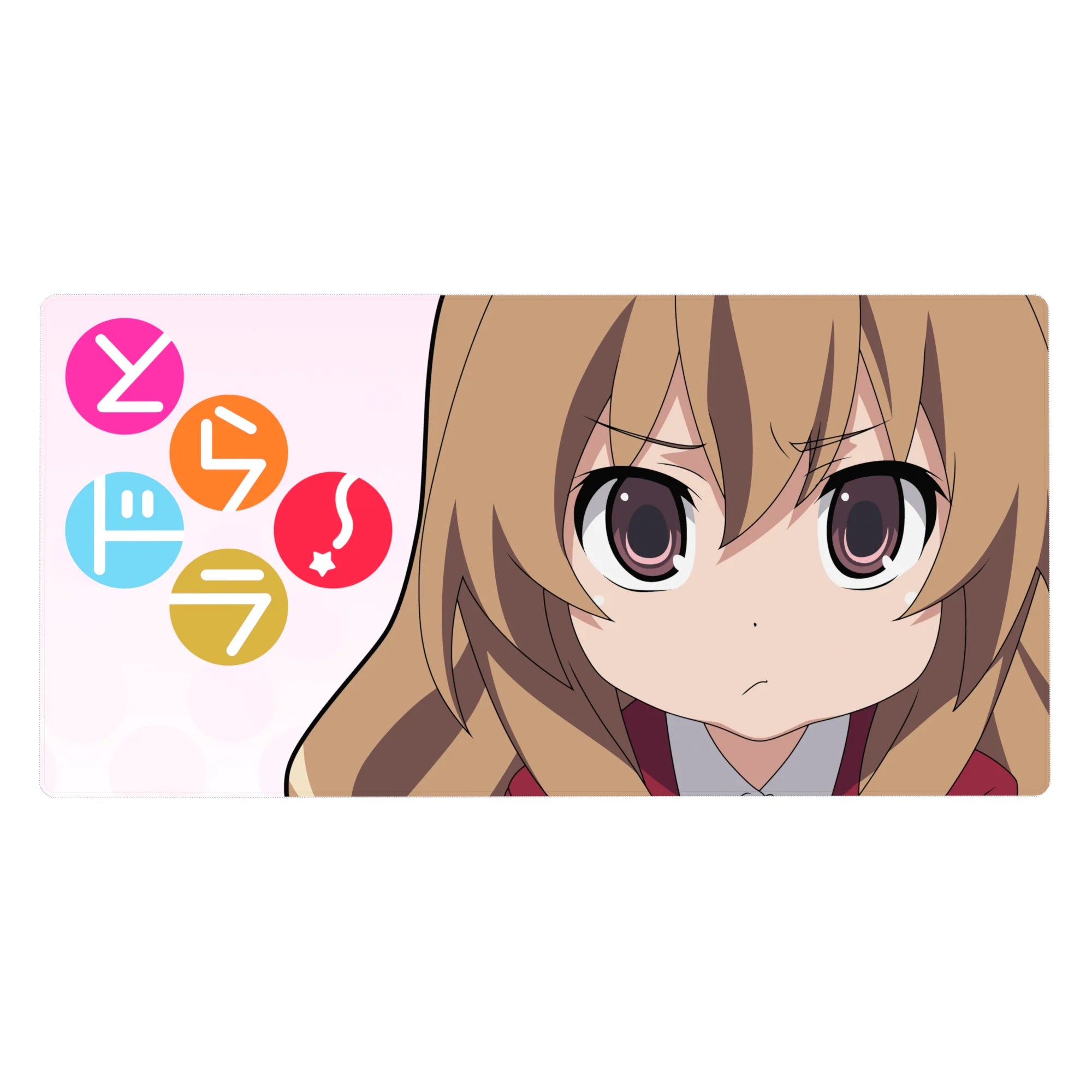 40x20 inches anime girl desk pad with Taiga Aisaka, pink background, candy circles and playful icons.