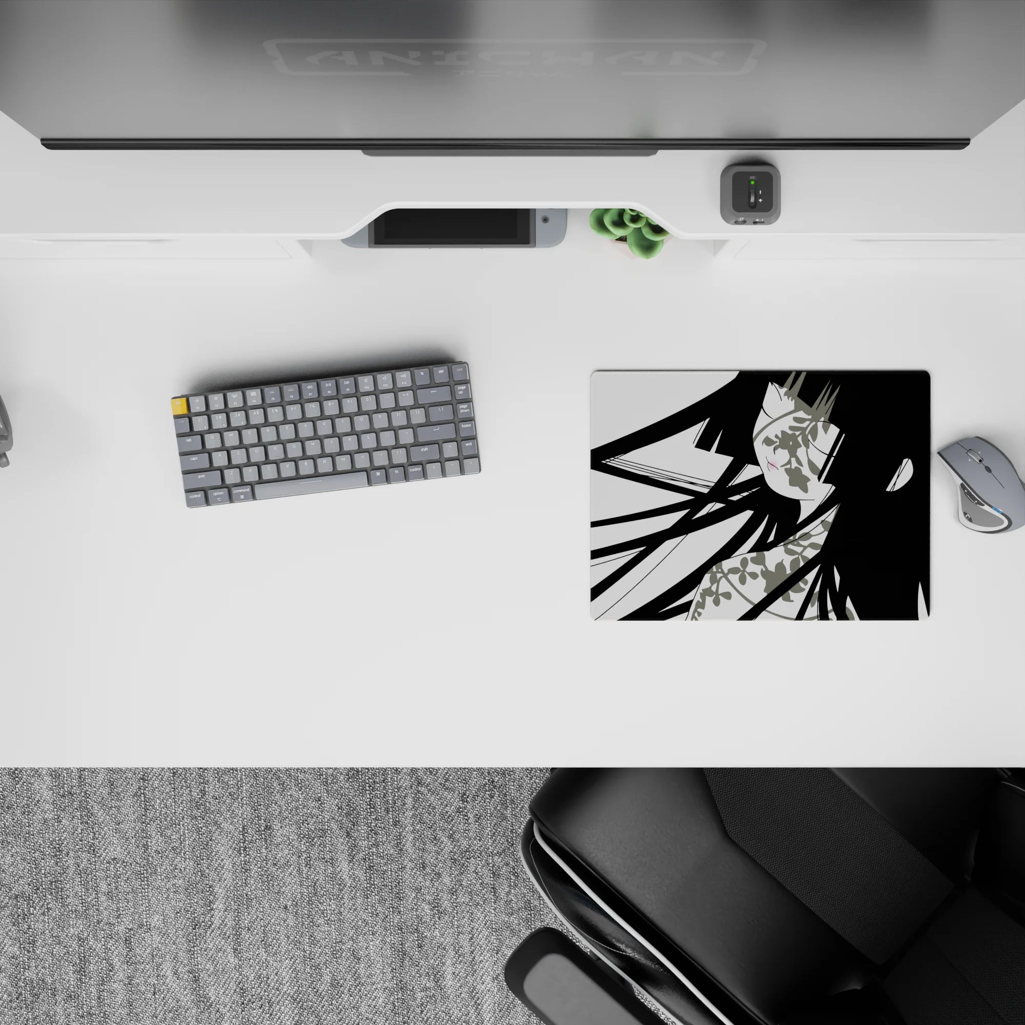 Black and white anime mouse pad 14x10 inches with soft blush florals, modern negative space, calm vibe.