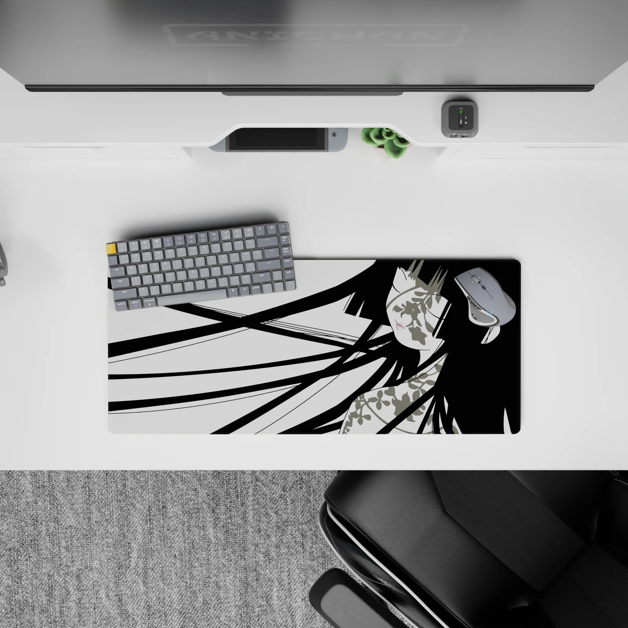 Soft blush on monochrome anime girl mouse pad, clean negative space, modern calm vibe, 28x12 inches.