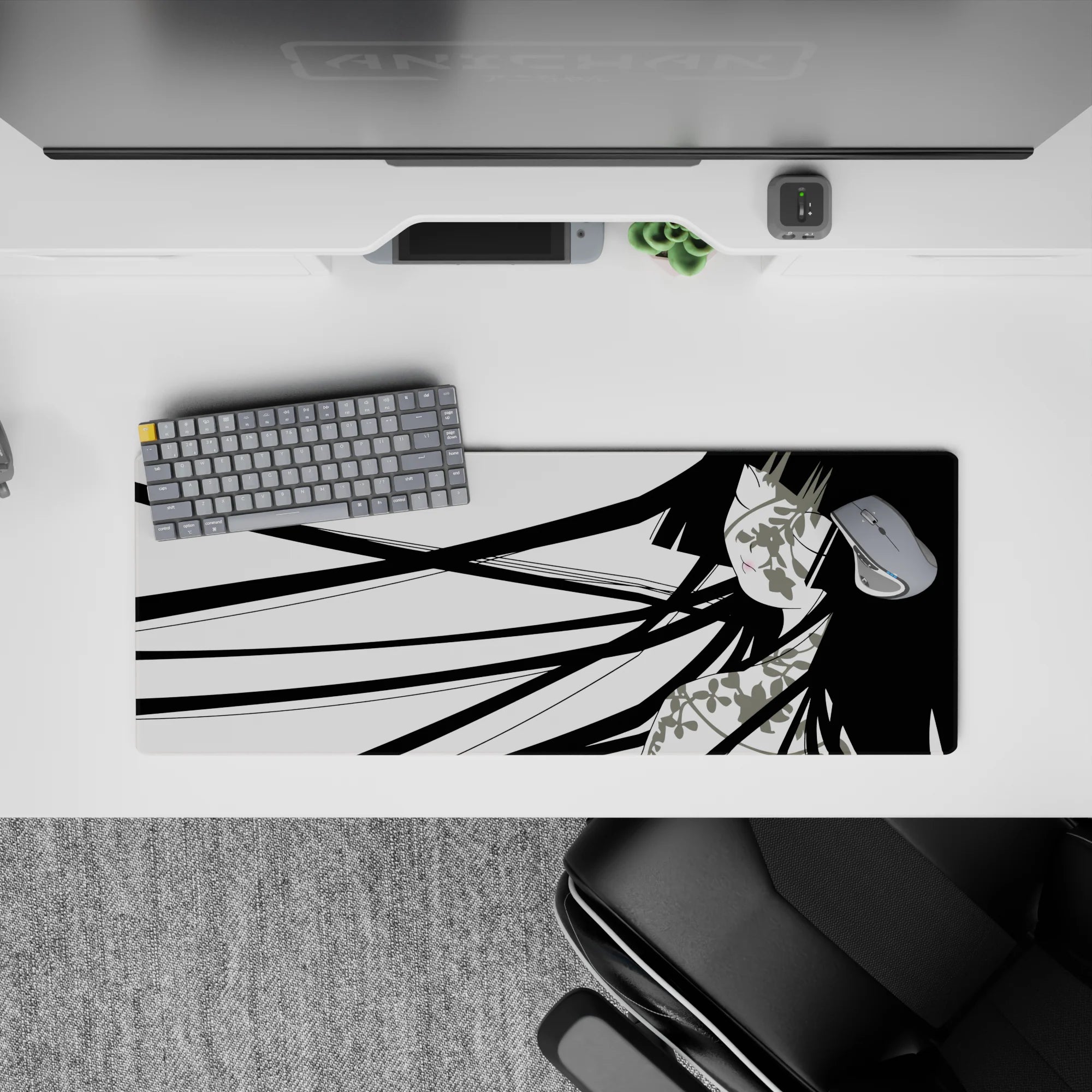 Black-and-white anime mouse pad 32x12 inches, soft blush accents and floral details, calm chic vibe.