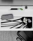 Black-and-white anime mouse pad 32x12 inches, soft blush accents and floral details, calm chic vibe.