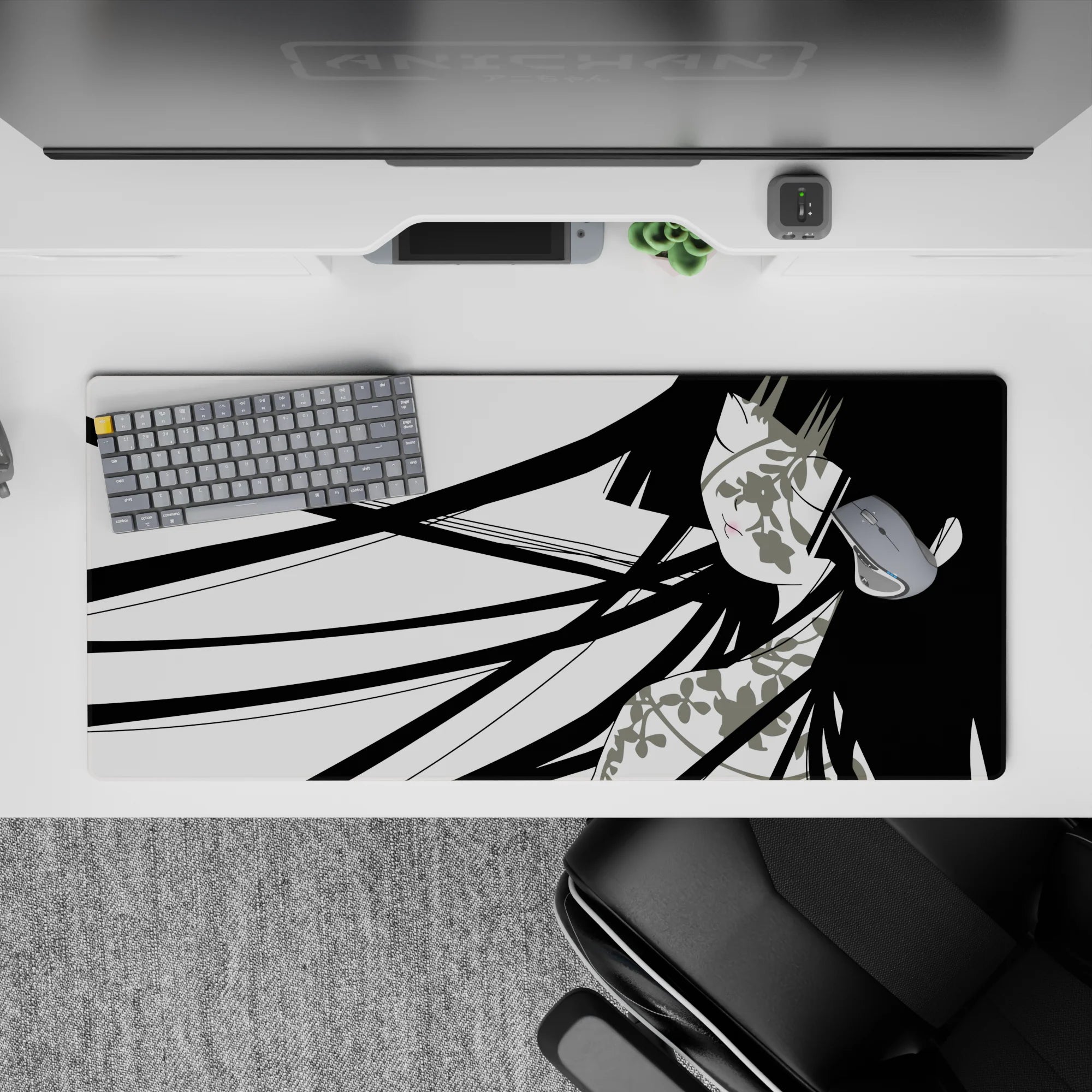 Monochrome anime girl mouse pad with soft blush and floral accents, calm modern vibe, 36x16 inches.