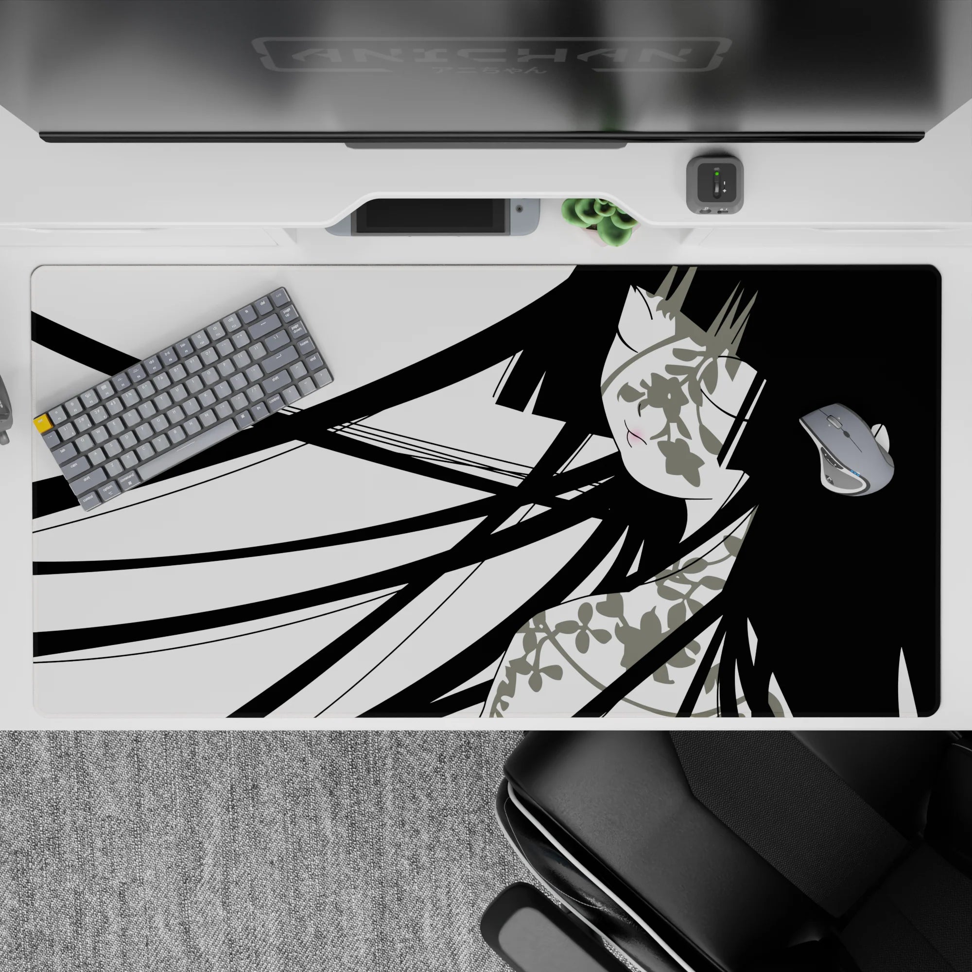Black and white anime desk pad 40x20 inches with soft blush accents and a calm, modern vibe.