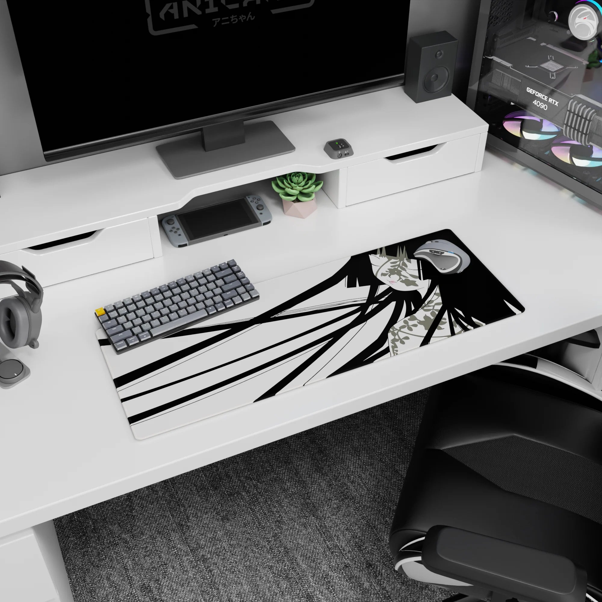 Anime girl with long ink-black hair and blush cheeks on desk mat mouse pad, 32x12 inches.