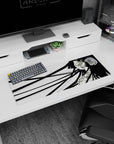 Anime girl with long ink-black hair and blush cheeks on desk mat mouse pad, 32x12 inches.
