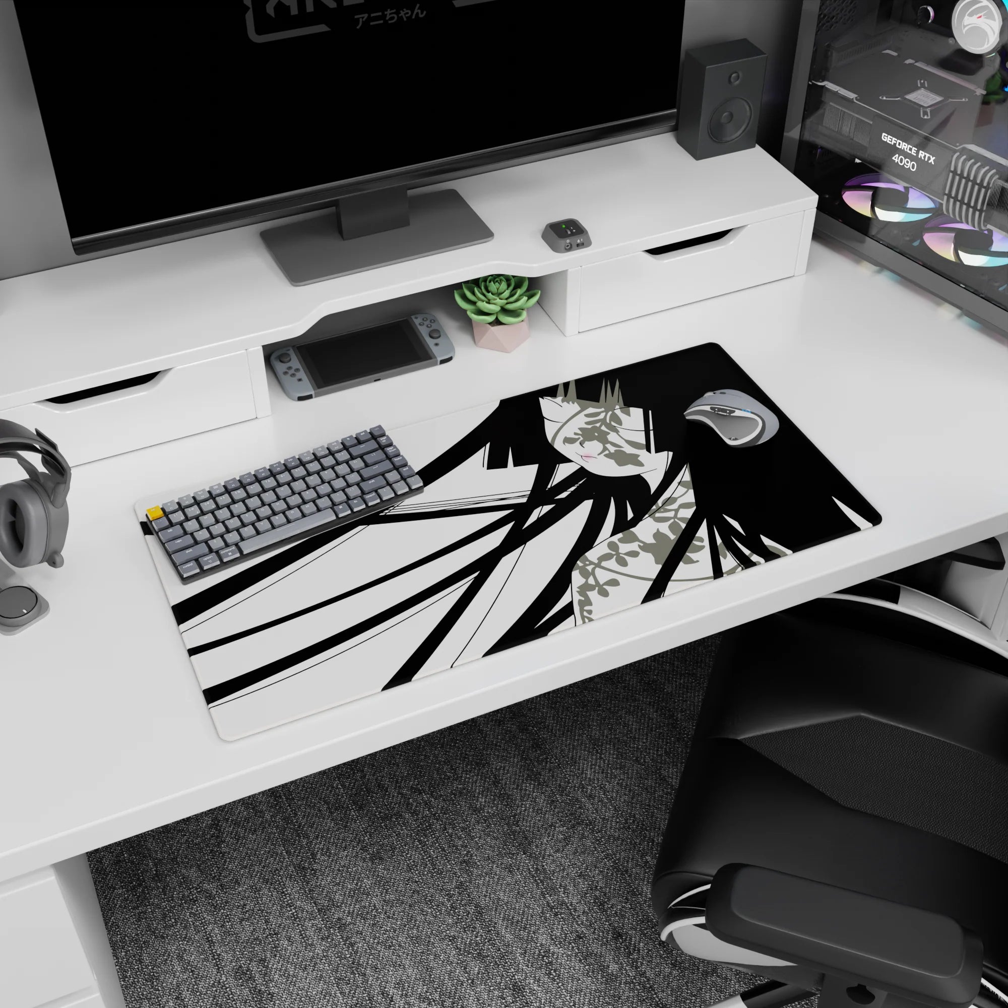 Anime girl mouse pad featuring long ink-black hair and clean negative space, 32x16 inches.