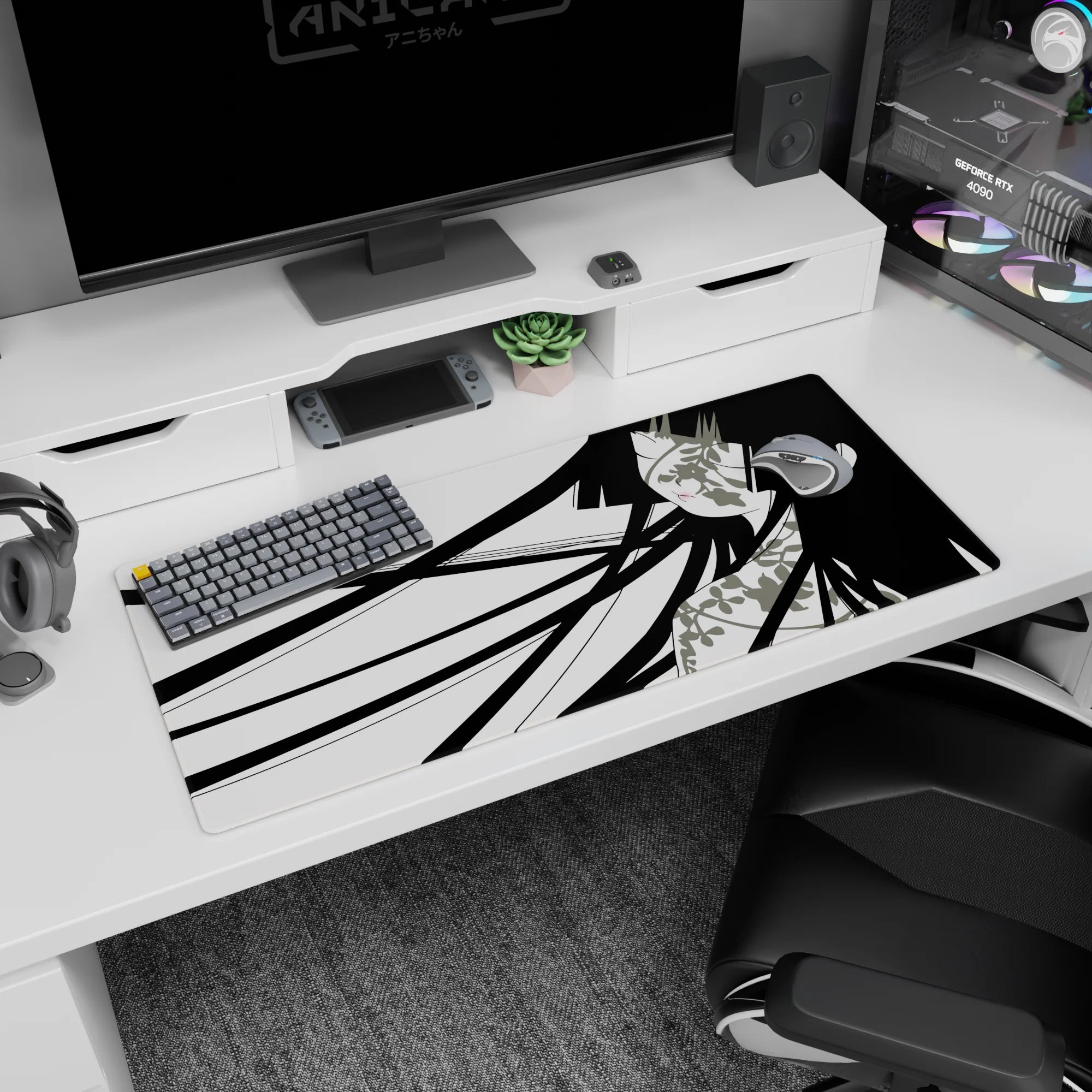 Close-up anime girl with ink-black hair ribbons and sweet blush over floral pattern desk pad, 36x16 inches.