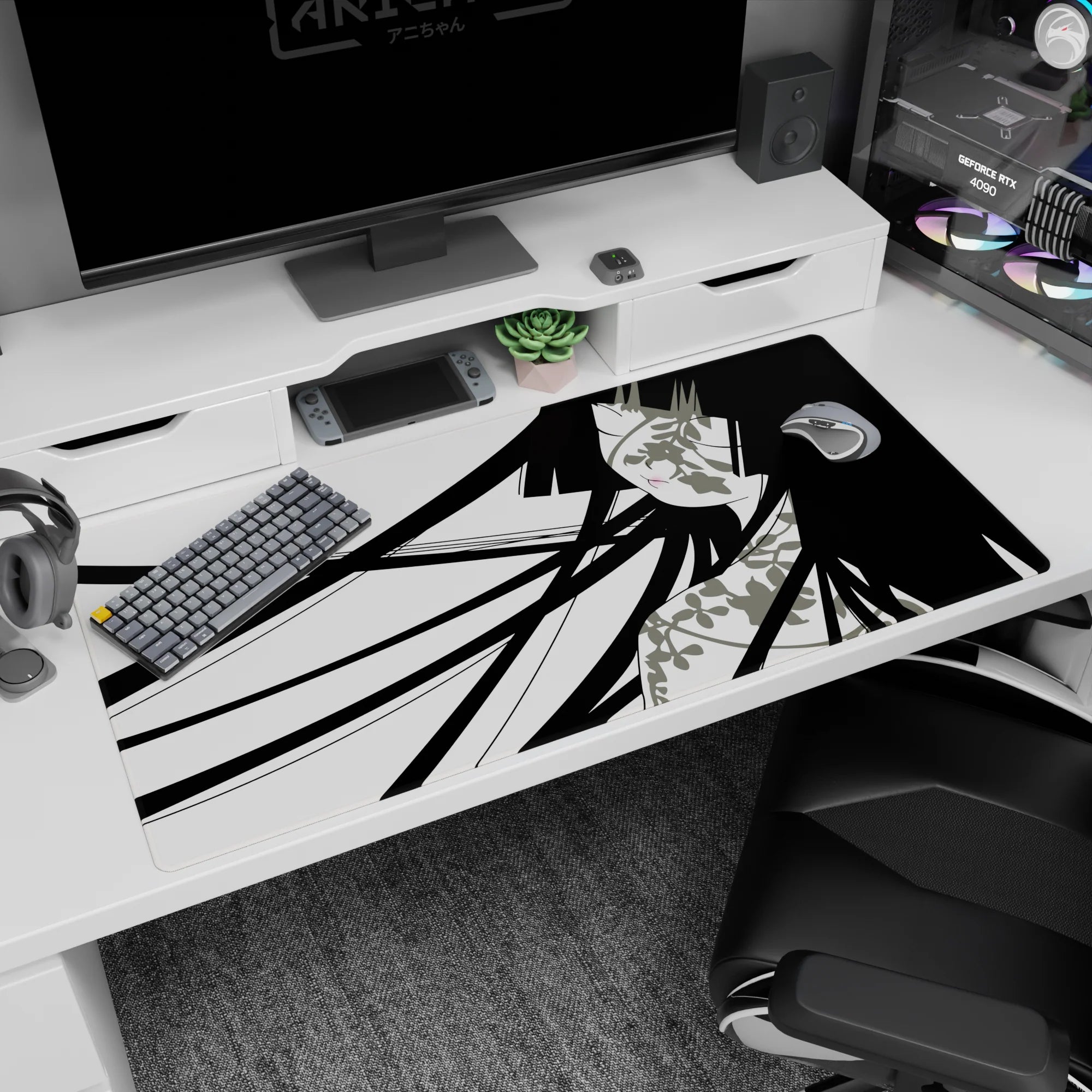 Long black-haired anime girl desk pad 40x20 inches with floral details and dramatic ribbon-like hair.