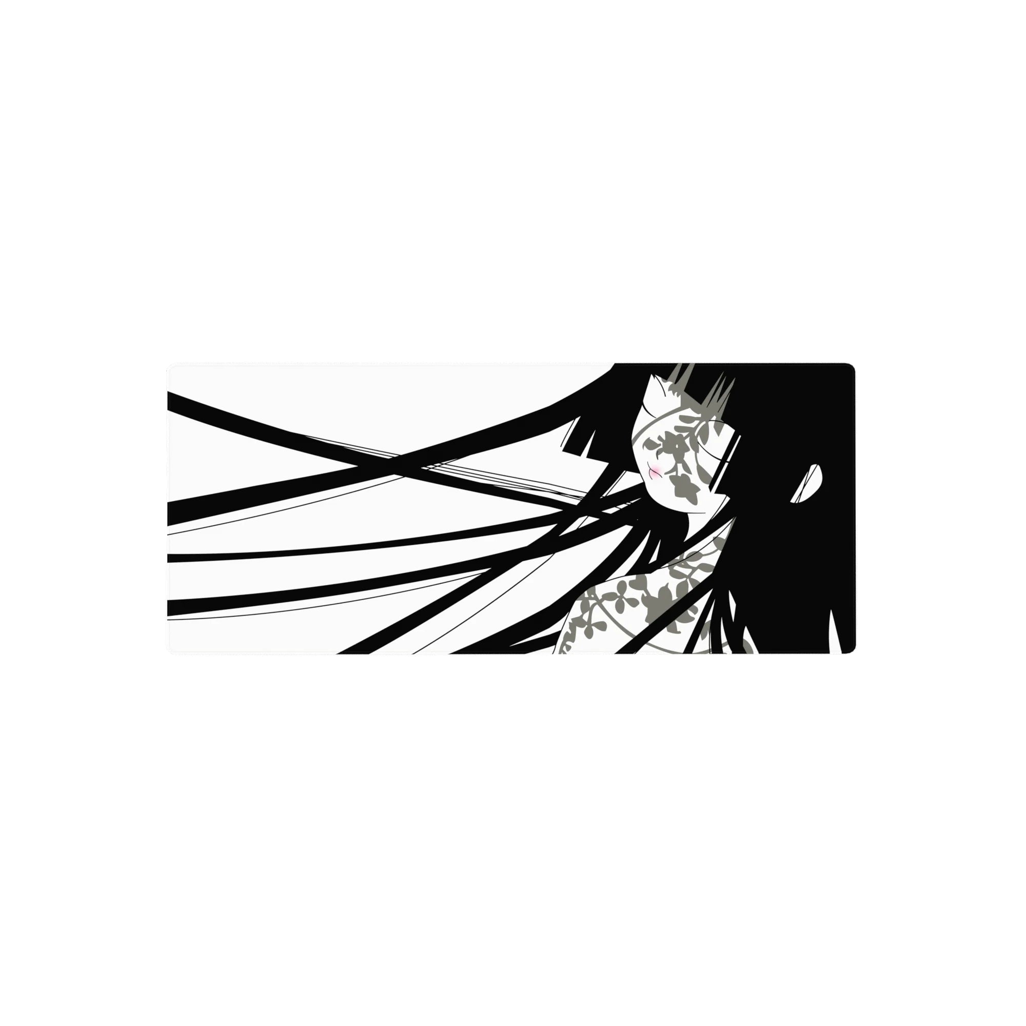 Minimalist black-and-white anime girl desk mouse pad, long dark hair, floral accents, 28x12 inches.