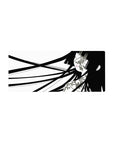 Minimalist black-and-white anime girl desk mouse pad, long dark hair, floral accents, 28x12 inches.