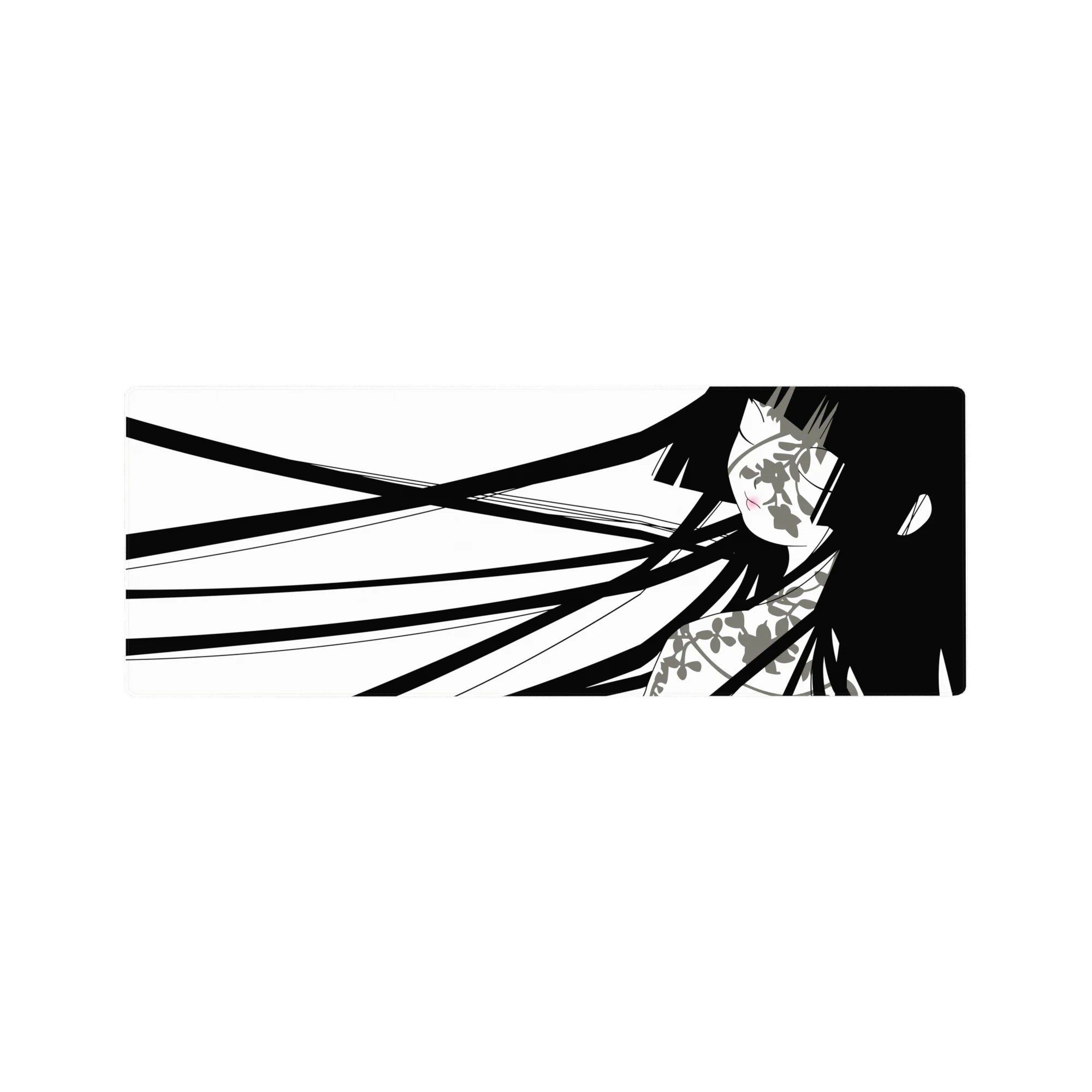 Minimalist black and white anime girl desk mouse pad, 32x12 inches, modern negative space design.