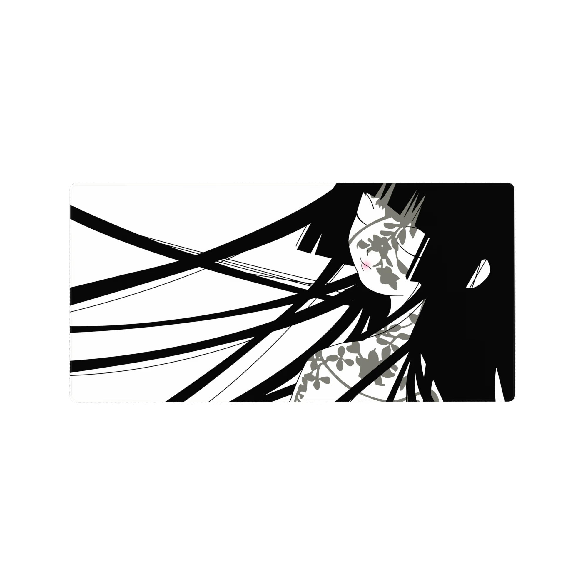 Minimalist anime girl desk mouse pad, black and white line art, 32x16 inches.