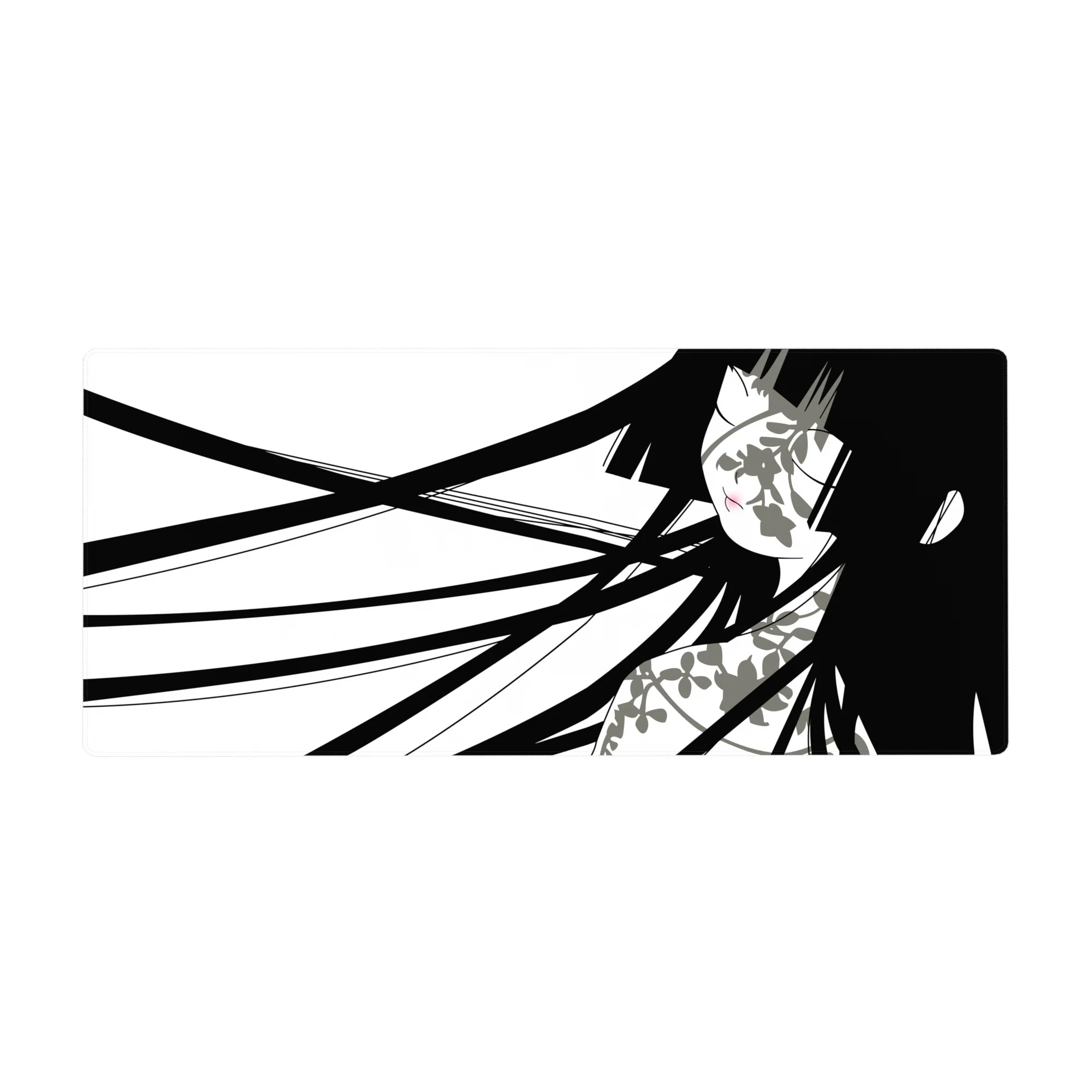 Minimalist black and white anime girl desk pad, long flowing hair and clean negative space, 36x16 inches.