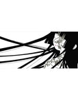 Minimalist black and white anime girl desk pad, long flowing hair and clean negative space, 36x16 inches.