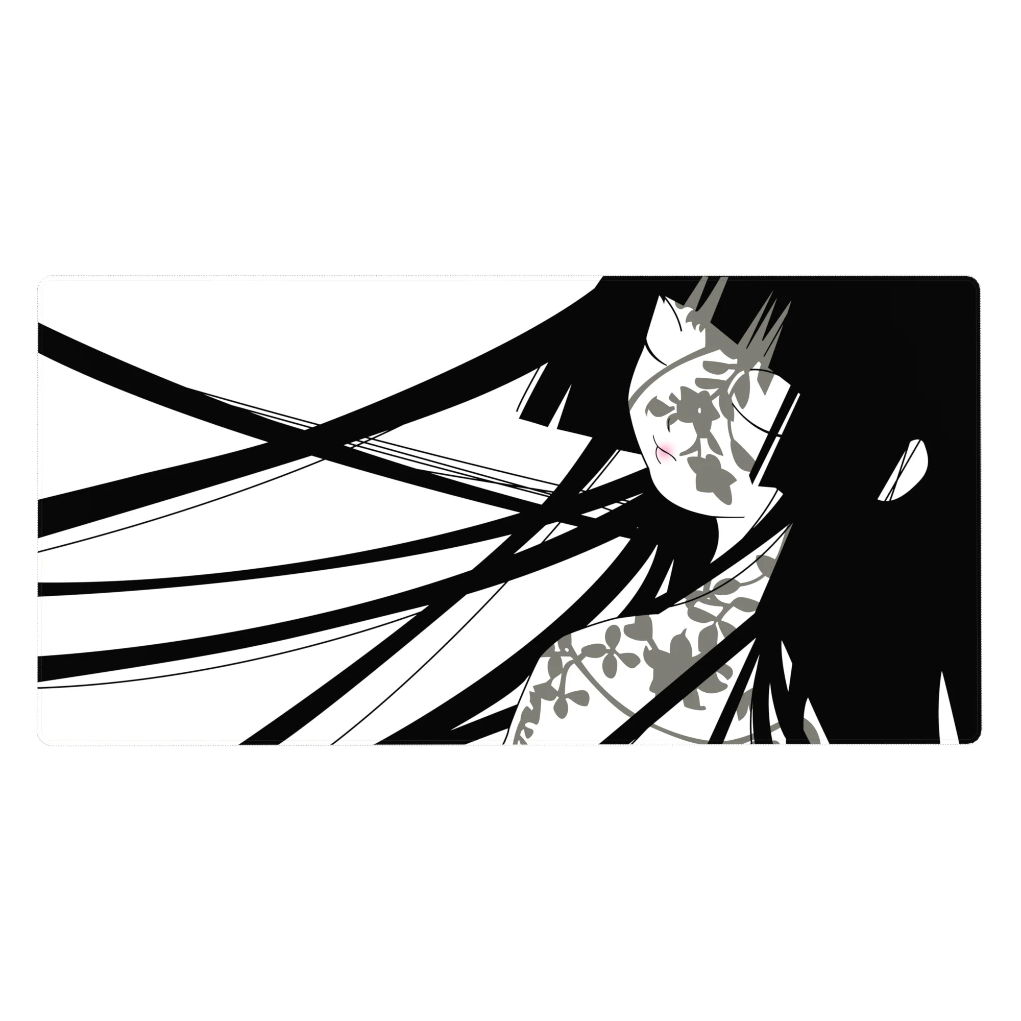 Minimalist anime girl desk pad 40x20 inches with clean negative space and bold ink-line portrait.