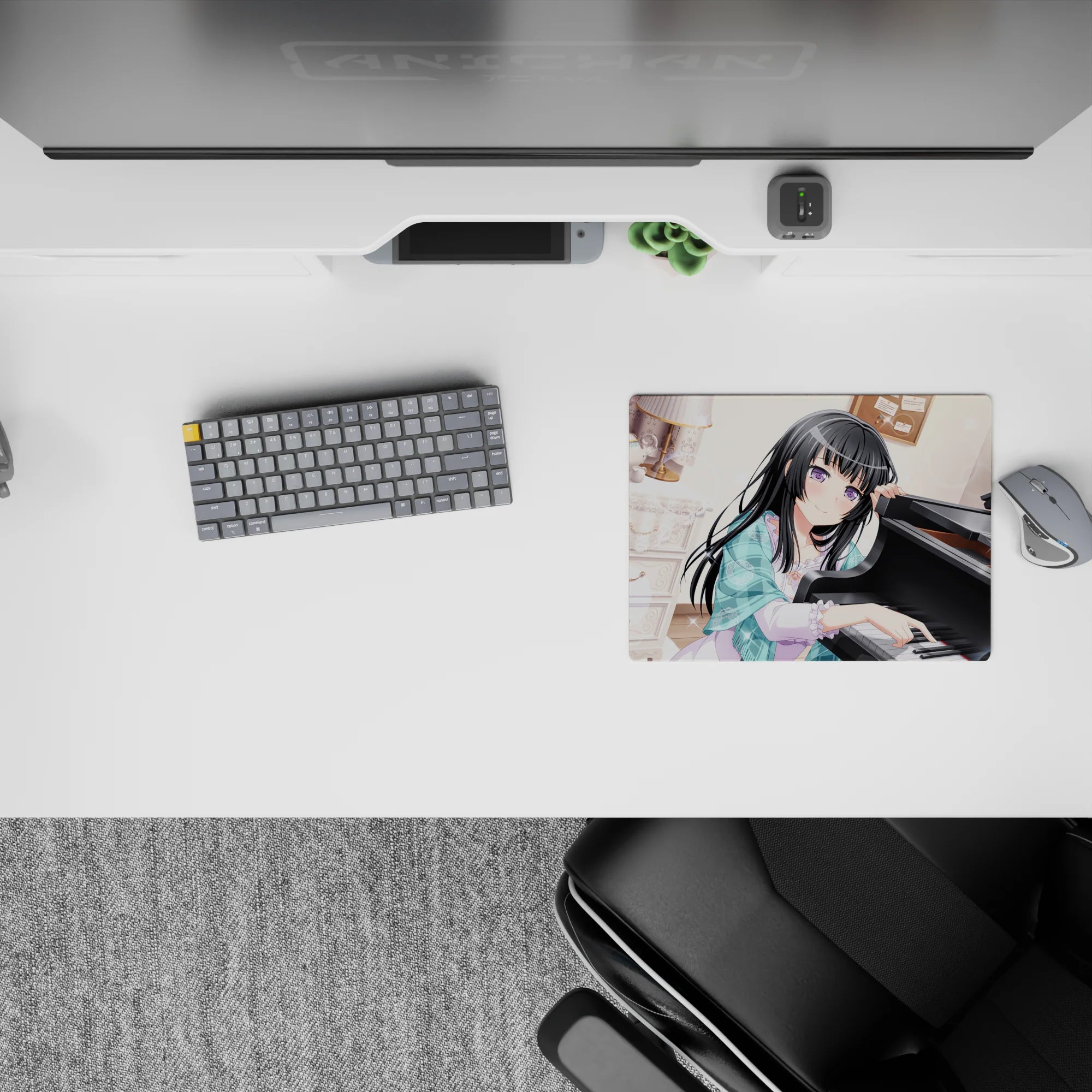 Pastel cozy anime girl mouse pad 14x10 inches in warm cream light with sparkly bokeh and dreamy vibe.