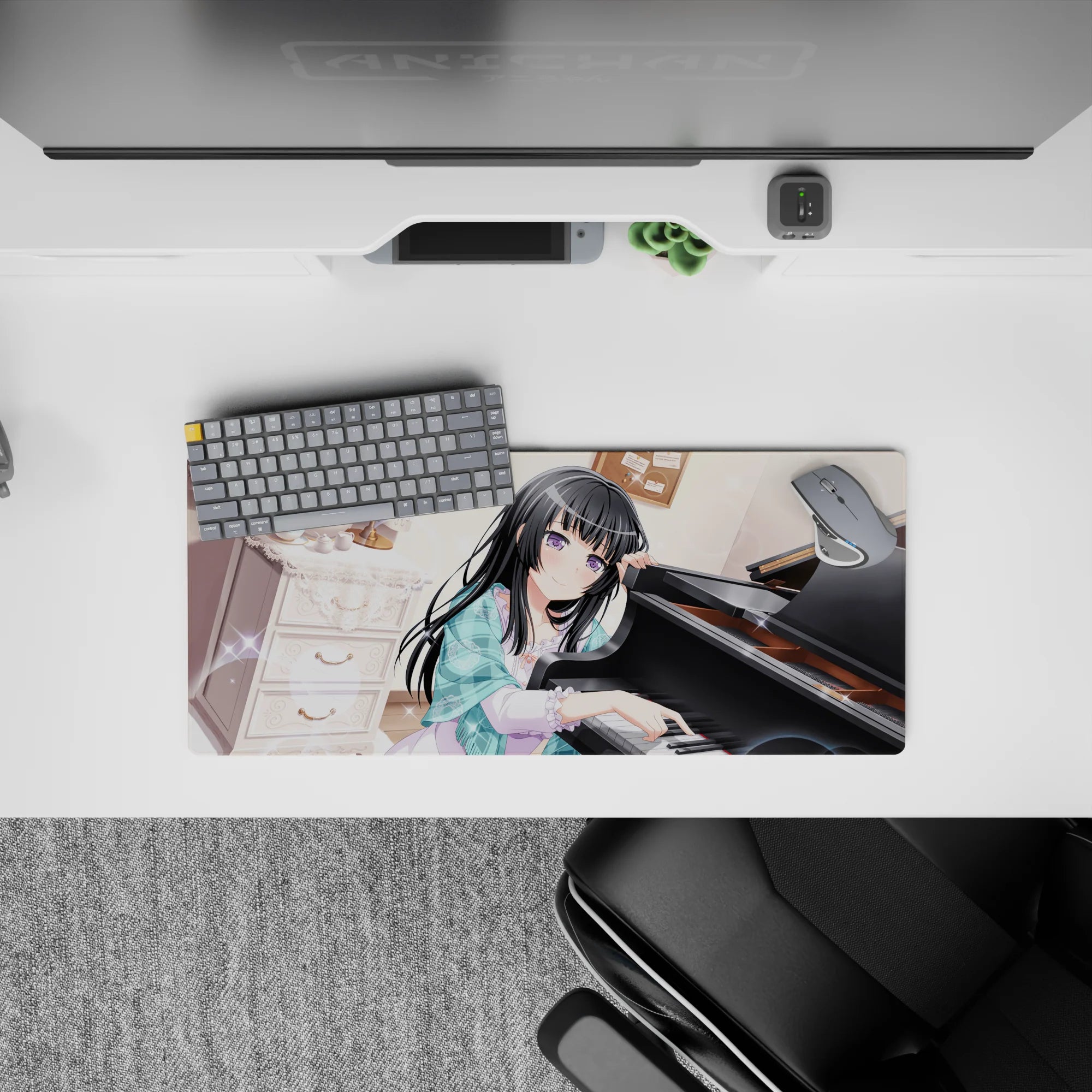 28x12 inches pastel cozy desk mat, cream glow and sparkly bokeh around a dreamy purple-eyed anime girl.