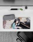 28x12 inches pastel cozy desk mat, cream glow and sparkly bokeh around a dreamy purple-eyed anime girl.