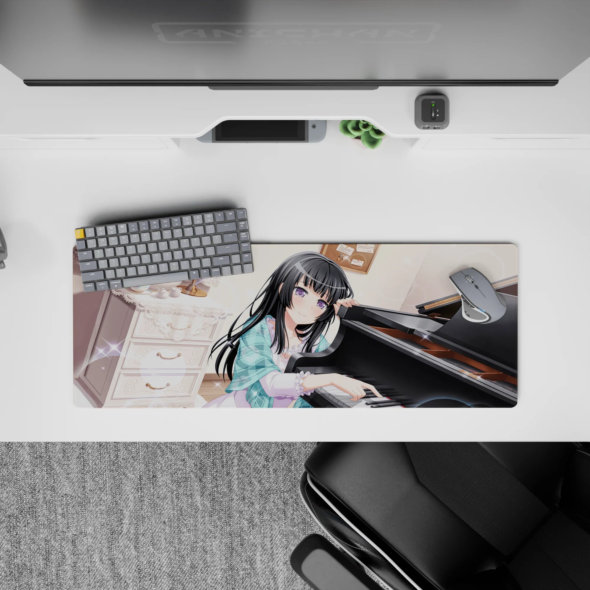 32x12 inches pastel cozy desk mat in cream glow with sparkly bokeh, dreamy anime art, smooth glide surface.