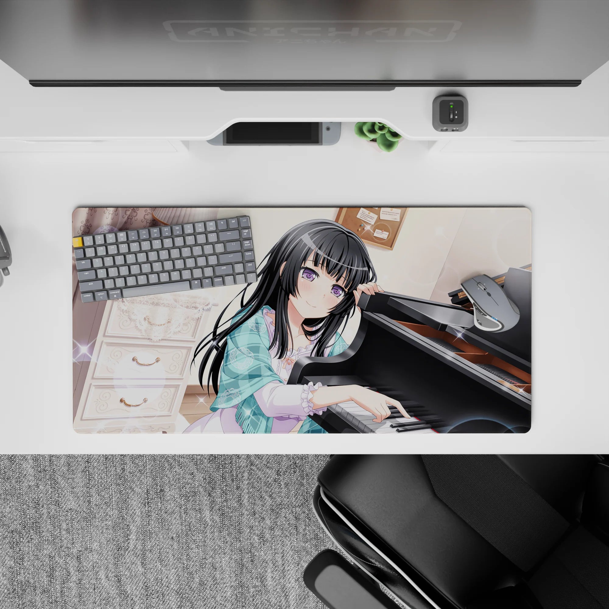 32x16 inches pastel cozy desk mat in cream glow with dreamy sparkles, lace curtains, and soft anime art.