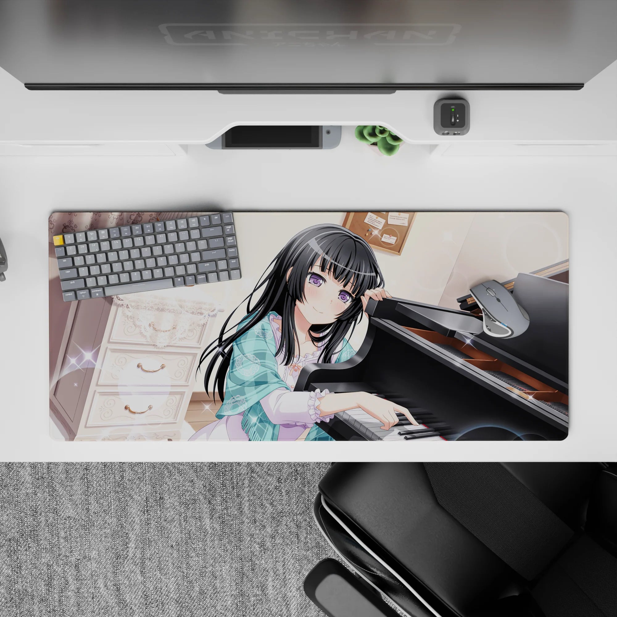 36x16 inches pastel cream anime desk pad with dreamy bokeh sparkle, cozy warm lighting, calm study vibe.
