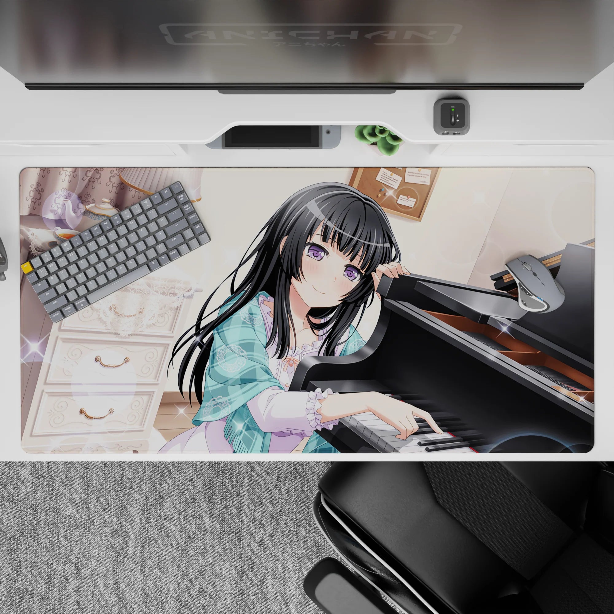 40x20 inches pastel cream cozy anime desk pad, dreamy sparkles, lace curtains, calm study vibe.