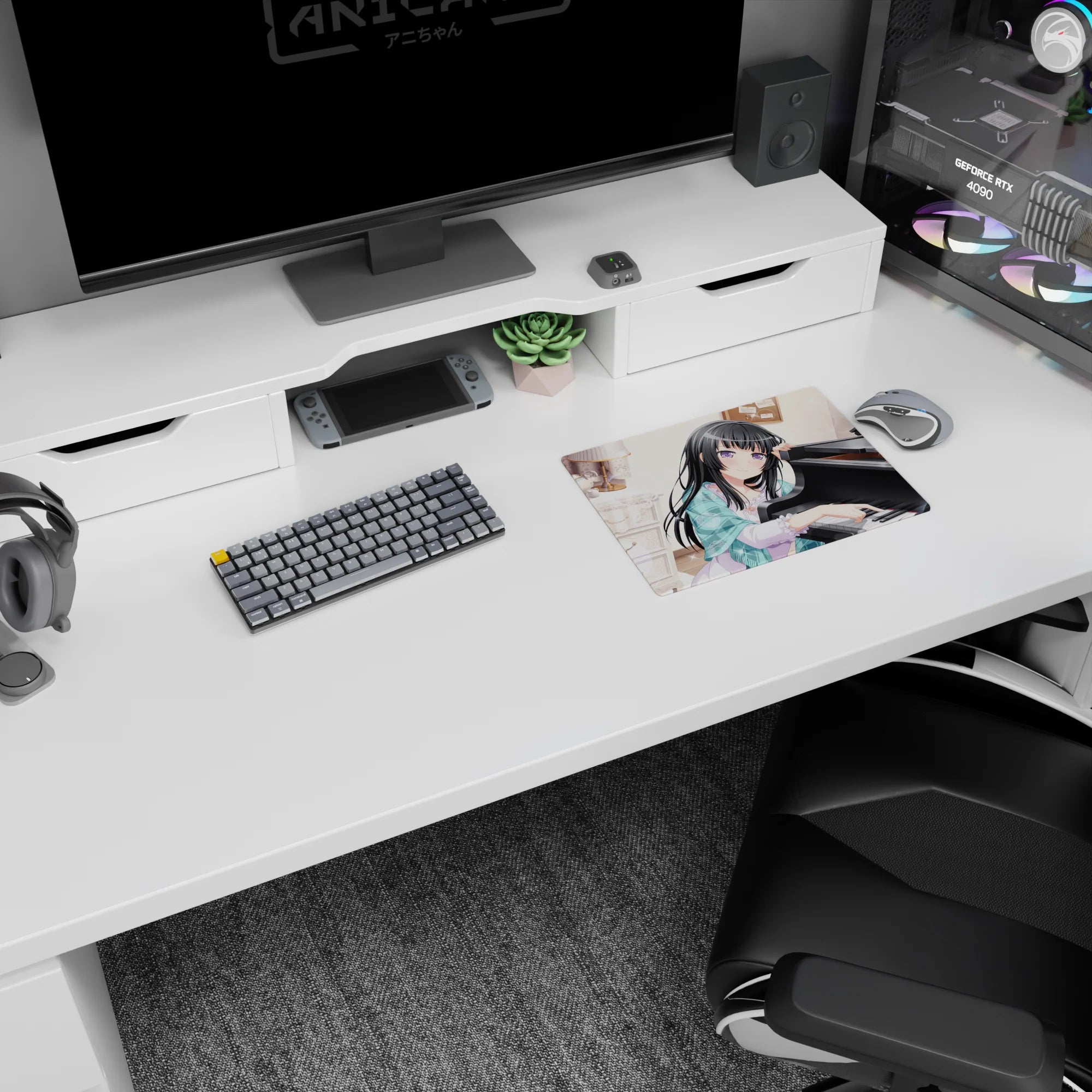 Anime girl leaning on glossy grand piano mouse pad 14x10 inches, long black hair, purple eyes, tea set.