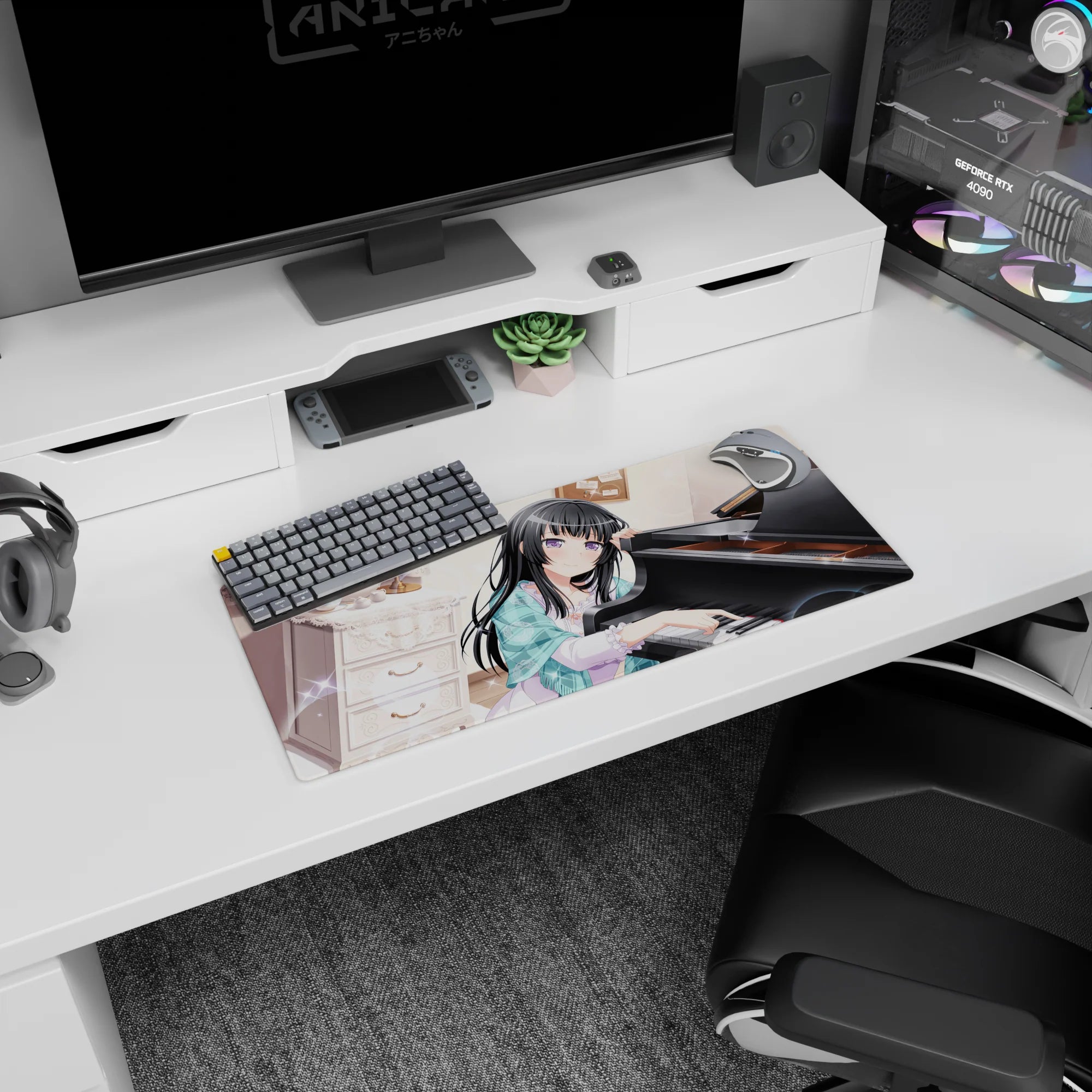 28x12 inches anime mouse pad showing long black-haired, purple-eyed girl leaning on a glossy grand piano.