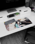 28x12 inches anime mouse pad showing long black-haired, purple-eyed girl leaning on a glossy grand piano.