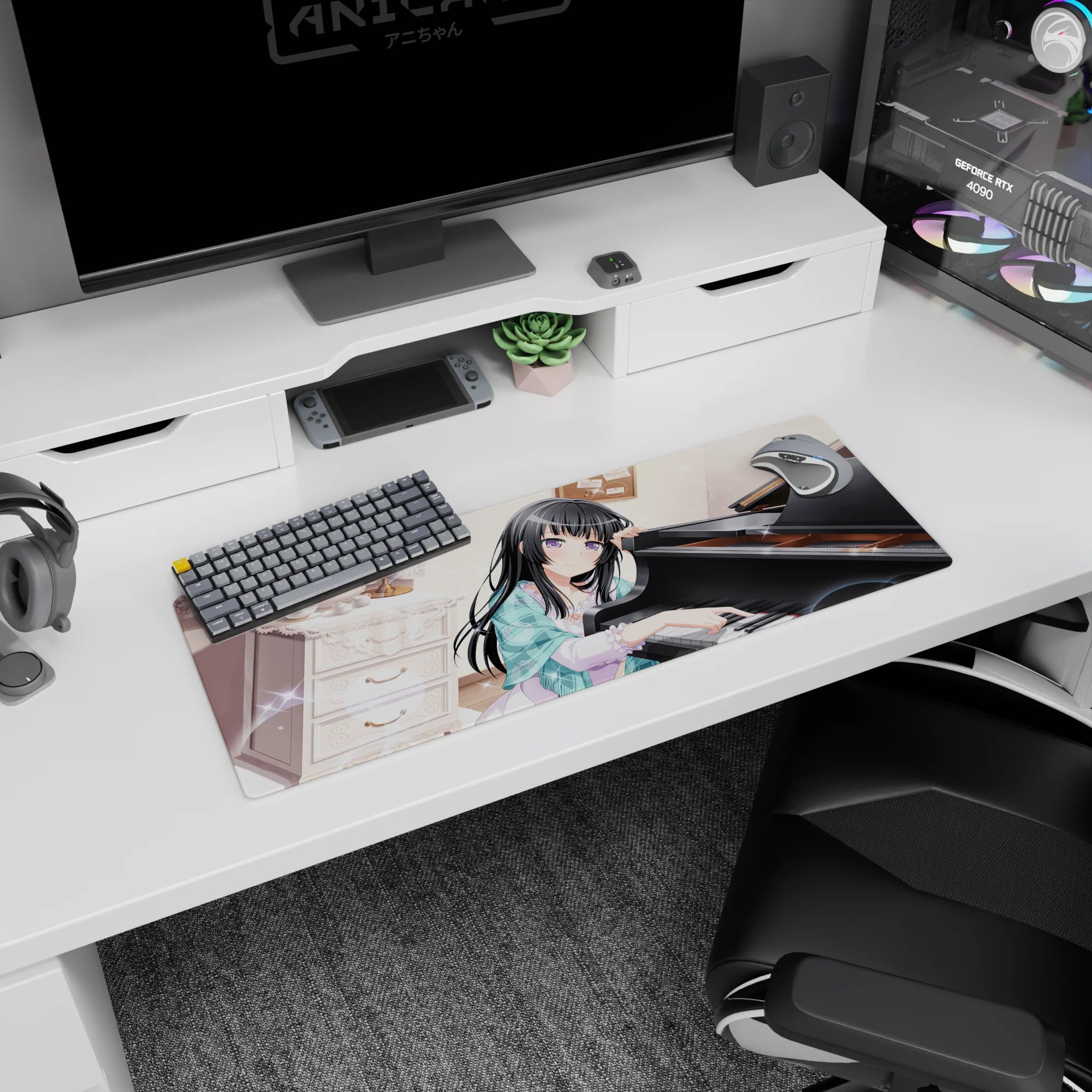 32x12 inches anime mouse pad showing long black-haired girl leaning on a grand piano in a warm practice room.