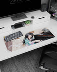 32x12 inches anime mouse pad showing long black-haired girl leaning on a grand piano in a warm practice room.
