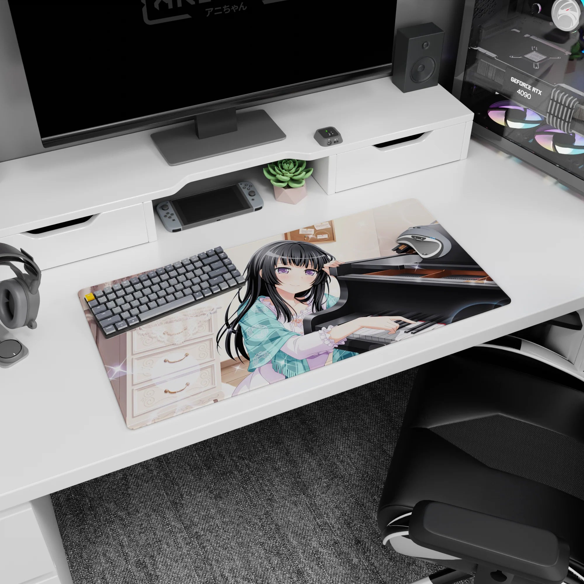 32x16 inches anime mouse pad showing long black-haired girl leaning on grand piano in a warm tea room scene.