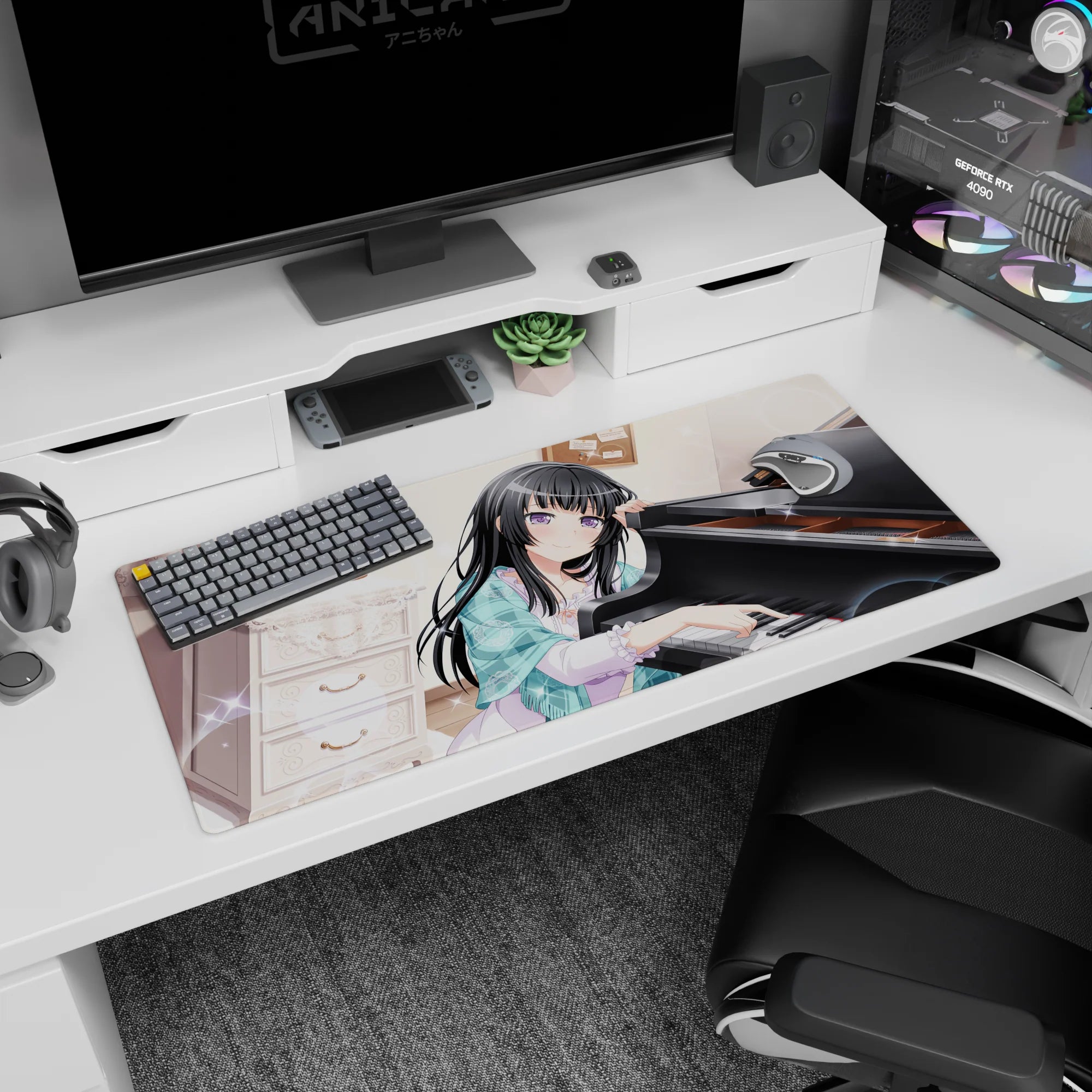 36x16 inches desk pad showing long black-haired anime girl leaning on a grand piano in a secret tea-time room.