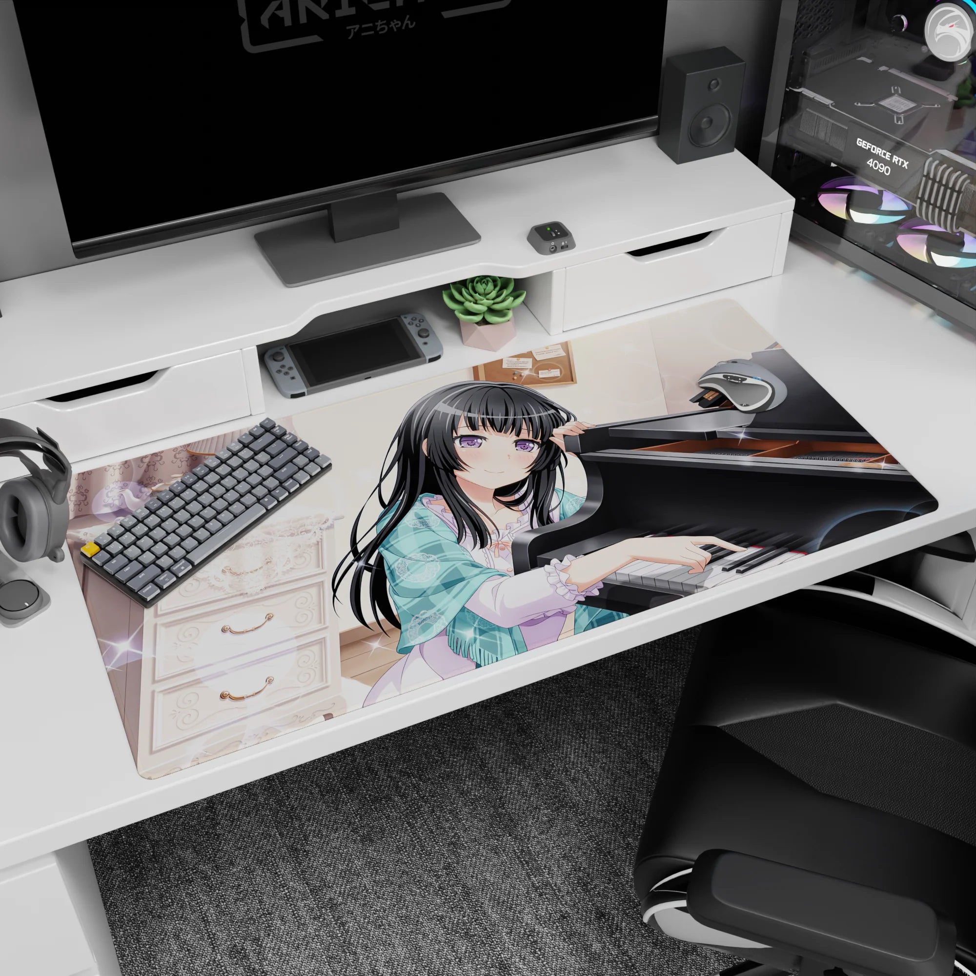 40x20 inches anime desk pad showing long black-haired girl leaning on glossy grand piano in warm room.