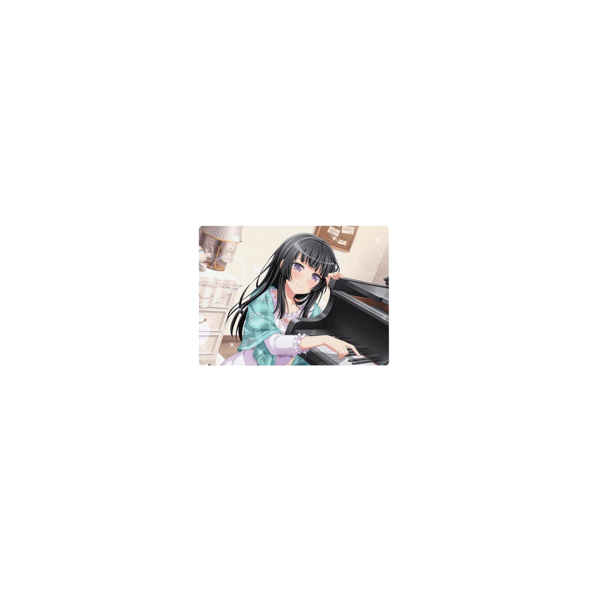 Classic anime girl mouse pad 14x10 inches with shy purple-eyed pianist, grand piano, tea set, lace curtains.