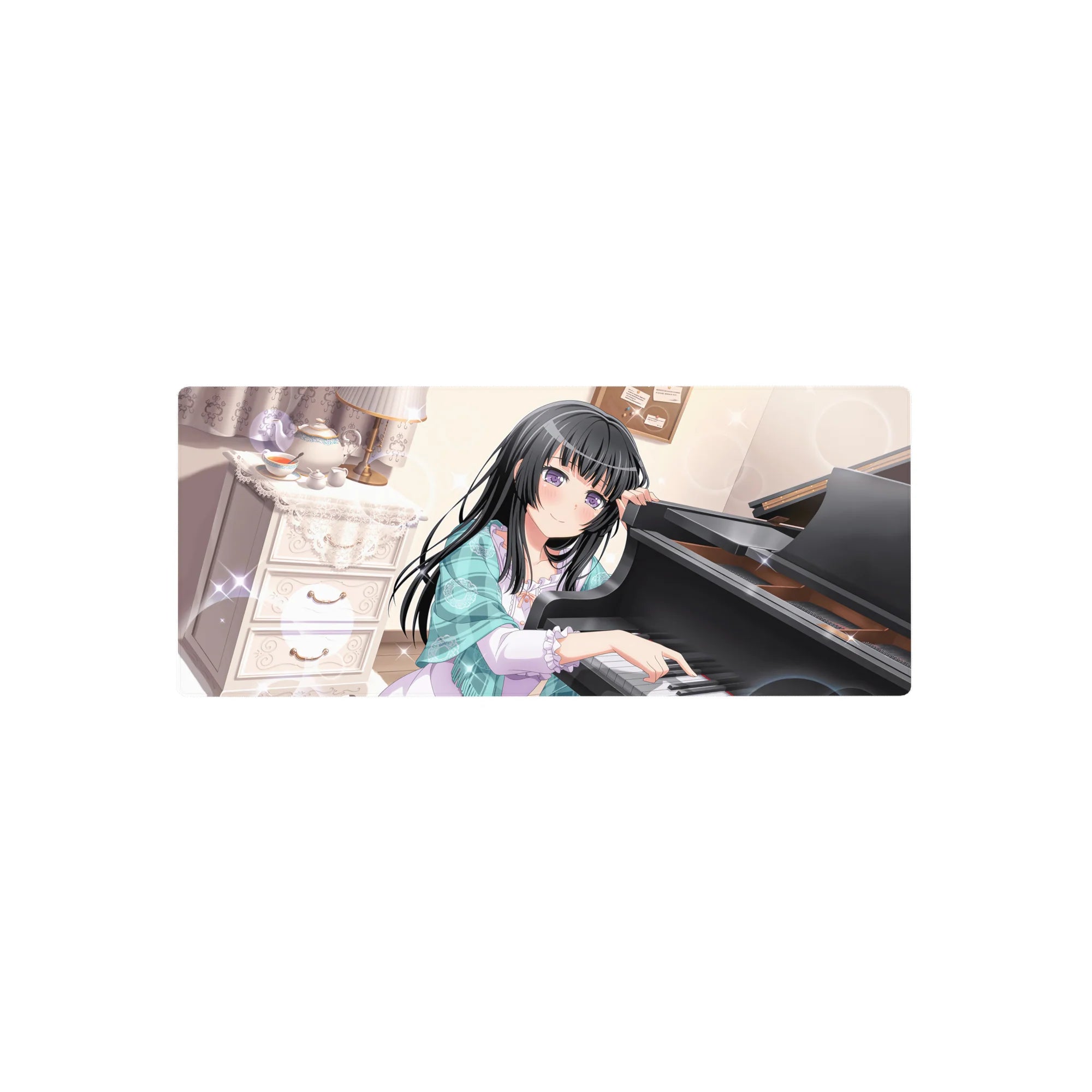28x12 inches anime girl mouse pad with shy piano girl, bokeh lights, lace curtains, and tea set.
