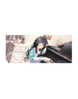 28x12 inches anime girl mouse pad with shy piano girl, bokeh lights, lace curtains, and tea set.