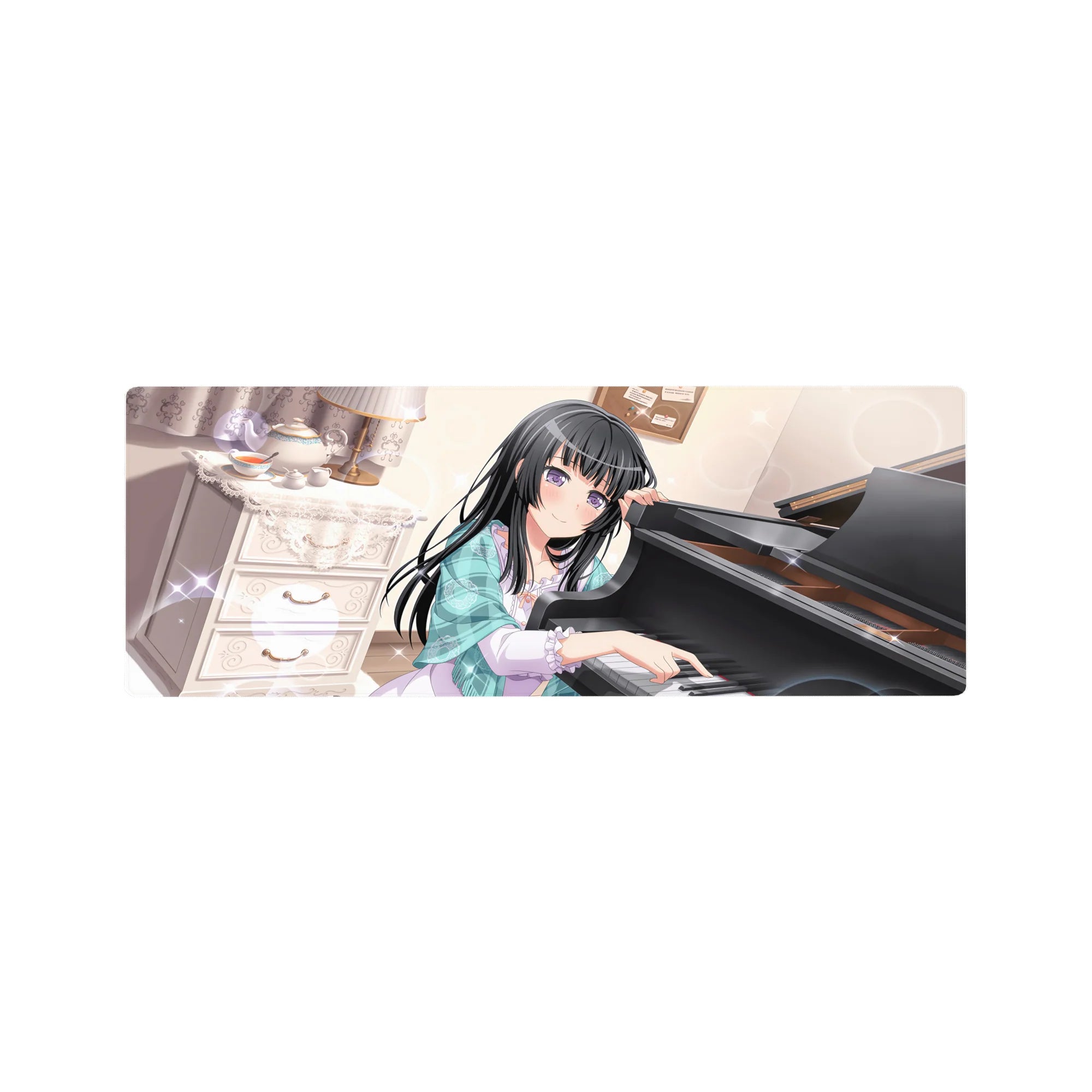 32x12 inches anime girl mouse pad with shy purple-eyed pianist by glossy grand piano, tea set and lace curtains.