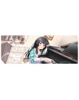 32x12 inches anime girl mouse pad with shy purple-eyed pianist by glossy grand piano, tea set and lace curtains.