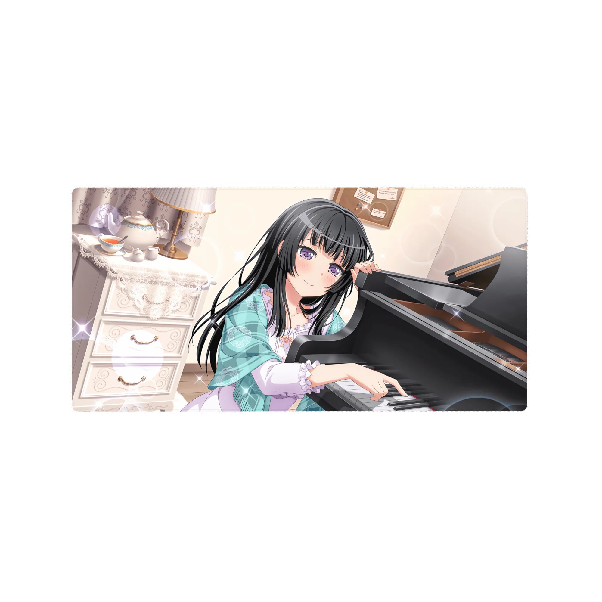 32x16 inches anime girl mouse pad with shy purple-eyed girl by a glossy grand piano, tea set and bokeh lights.