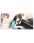 32x16 inches anime girl mouse pad with shy purple-eyed girl by a glossy grand piano, tea set and bokeh lights.