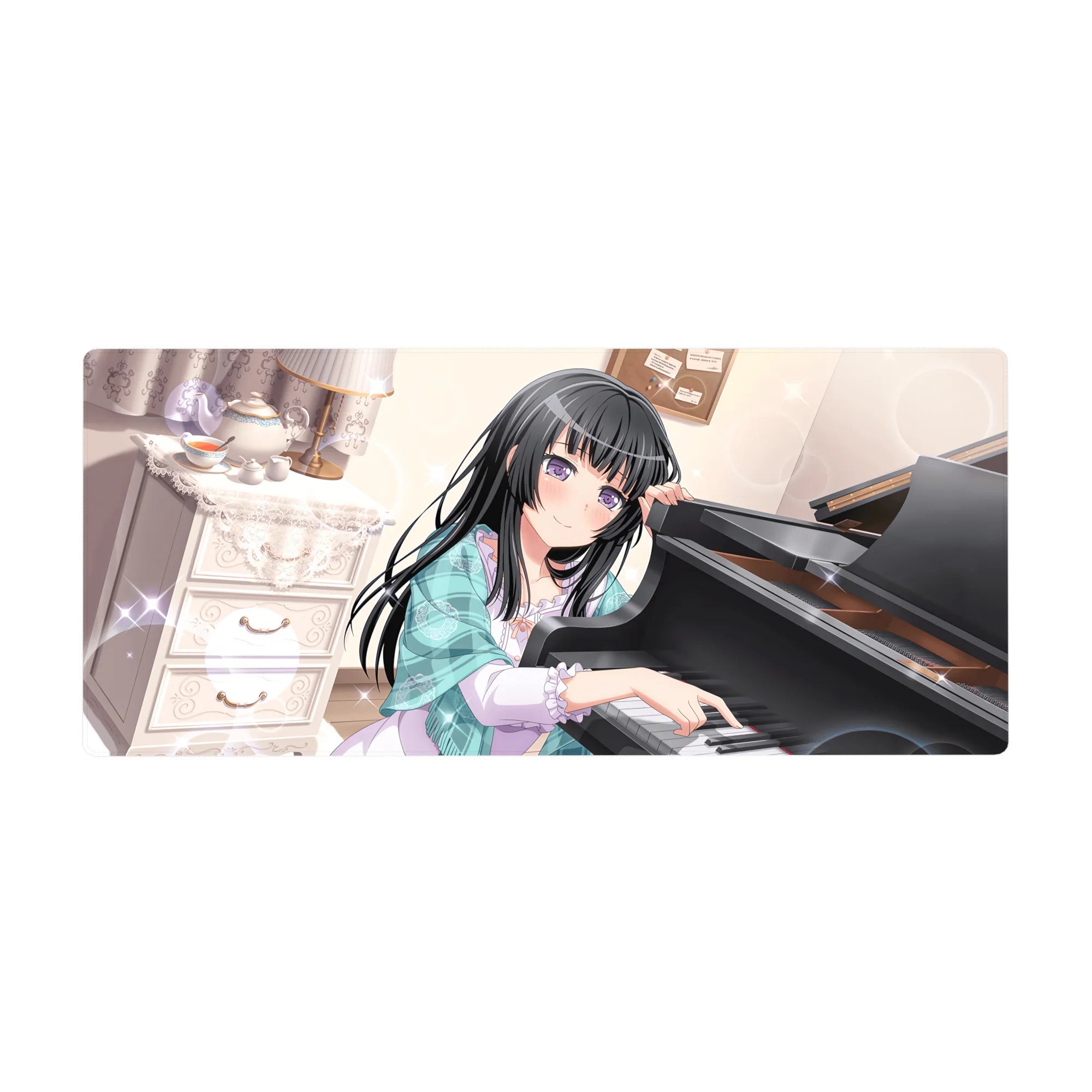 36x16 inches anime girl desk pad with shy purple-eyed pianist by a glossy grand piano, tea set and lace curtains.