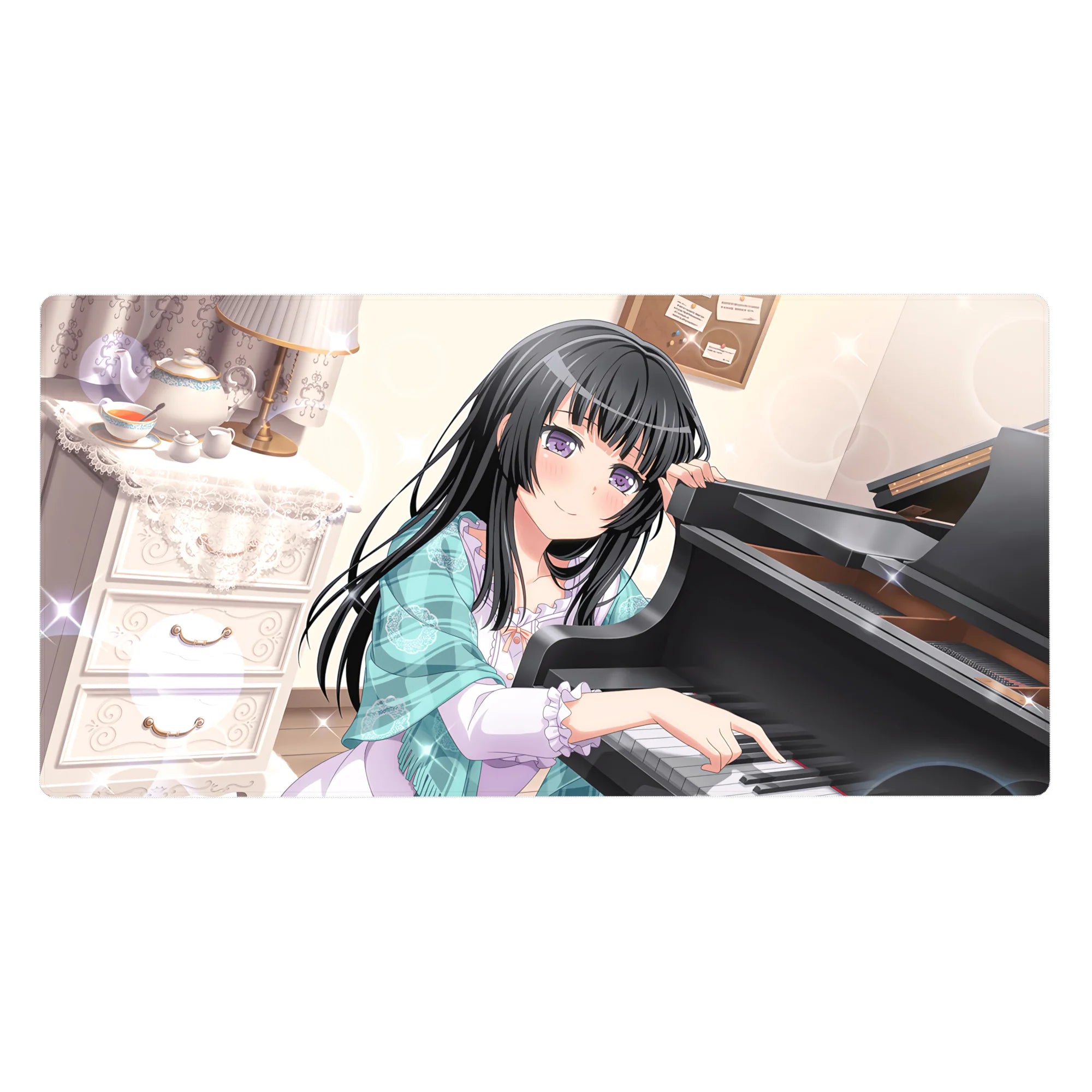 40x20 inches anime girl desk pad with shy purple-eyed girl at grand piano, tea set, bokeh lights.