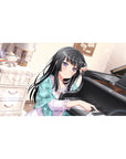 40x20 inches anime girl desk pad with shy purple-eyed girl at grand piano, tea set, bokeh lights.
