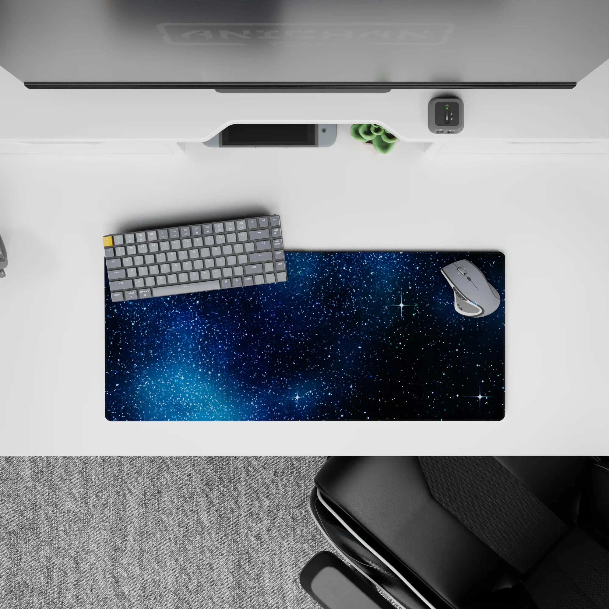 Inky navy-to-black gradient mouse pad 28x12 inches with calm cosmic vibe and crisp white stars.