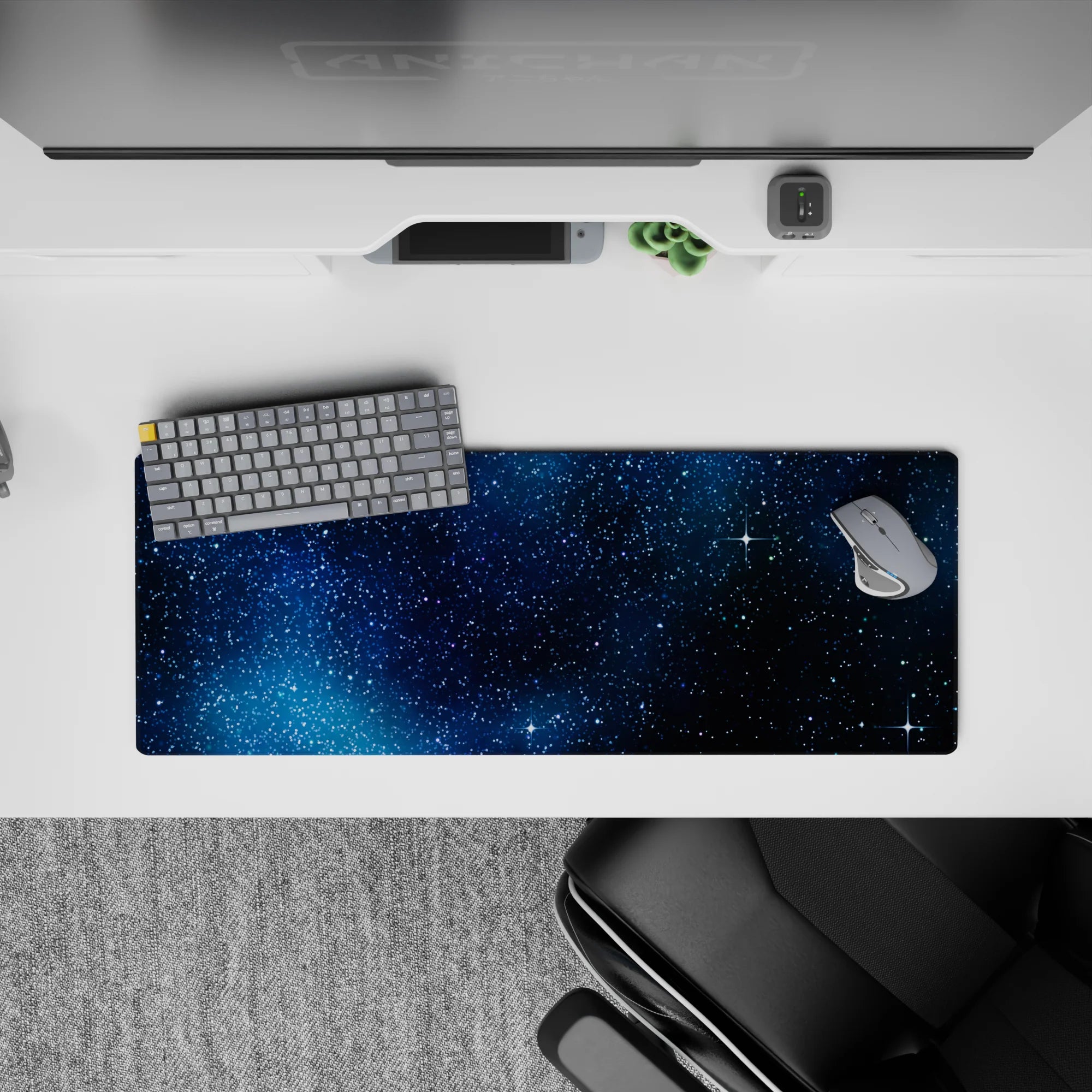 Inky navy-to-black gradient mouse pad 32x12 inches with calm cosmic mood and crisp white stars.